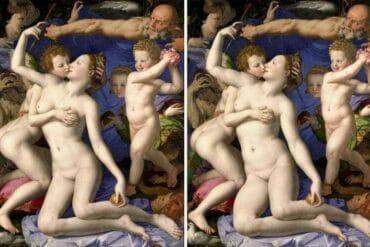 Venus, Cupid, Folly and Time van Agnolo Bronzino. Links de nieuwe versie, rechts het origineel