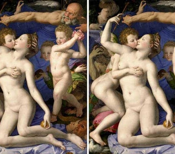 Venus, Cupid, Folly and Time van Agnolo Bronzino. Links de nieuwe versie, rechts het origineel