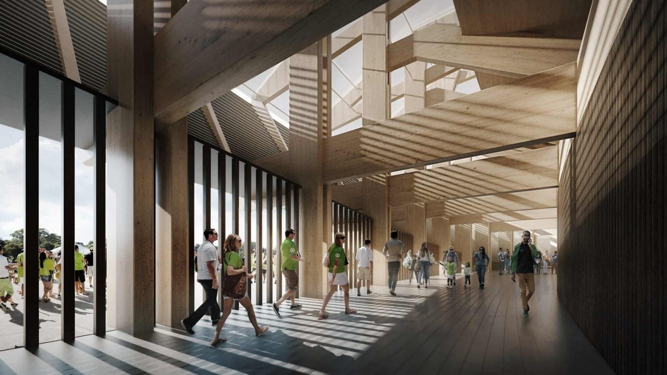 Houten voetbalstadion door Zaha Hadid Architects