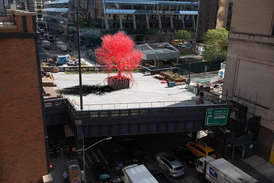 Pamela Rozenkranz plaatst roze boom in hartje New York