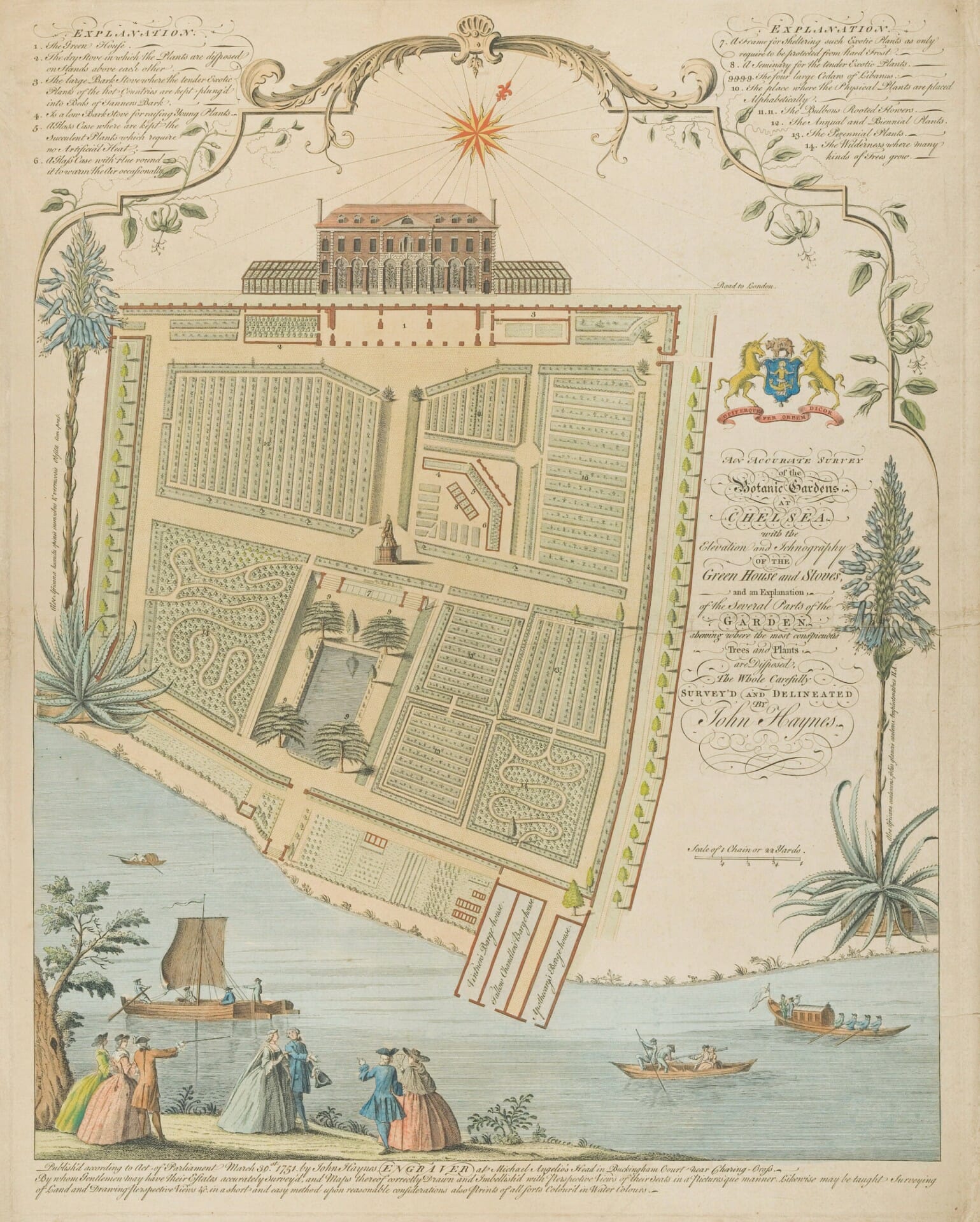 John Haynes, “The Physic Garden, Chelsea: A Plan View” (1751), engraving with watercolor, 24 ¼ × 18 ¾ inches. Image courtesy of the Wellcome Collection, London