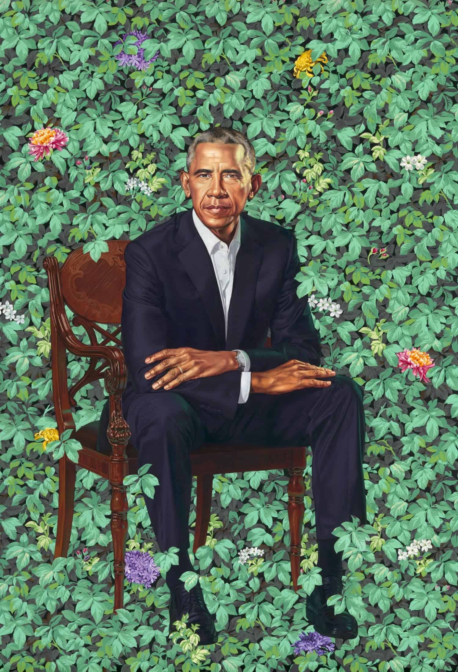 Barack Obama by Kehinde Wiley, oil on canvas, 2018. Courtesy National Portrait Gallery, Smithsonian Institution.