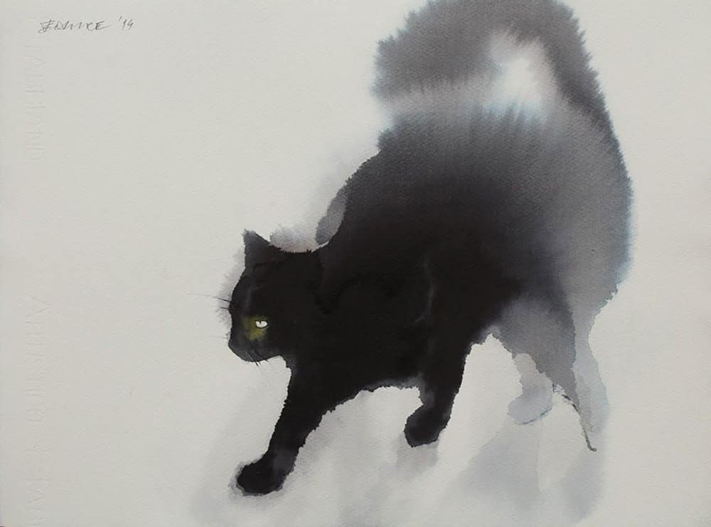 Zwarte kat van inkt en waterverf