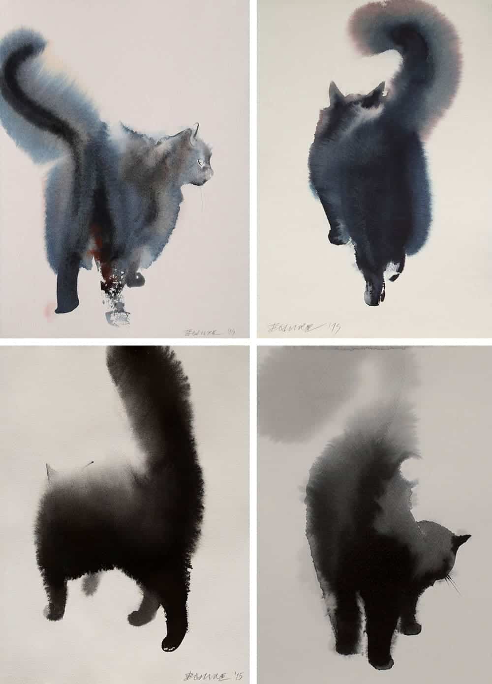 Zwarte katten van inkt en waterverf